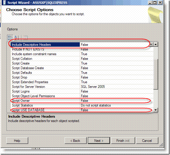 SQLExpress Script Options Window image